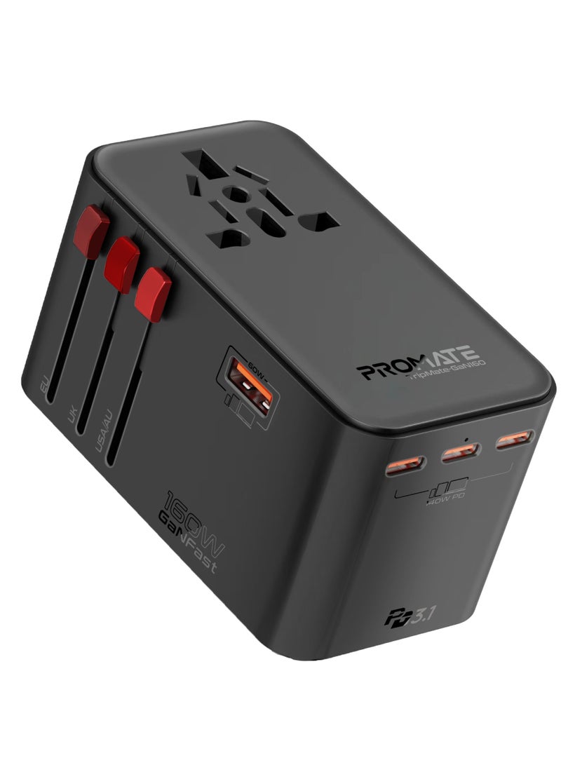 PROMATE Compact 160W Travel Adapter with 2500W Universal AC Socket, GaNFast™ Technology, Triple PD140 USB-C Ports, 60W USB-A Port, US/UK/EU/AU Plugs, 10A Fuse Rating and Multi-Protect Safety System, TripMate-GaN160 Black  - Image 1