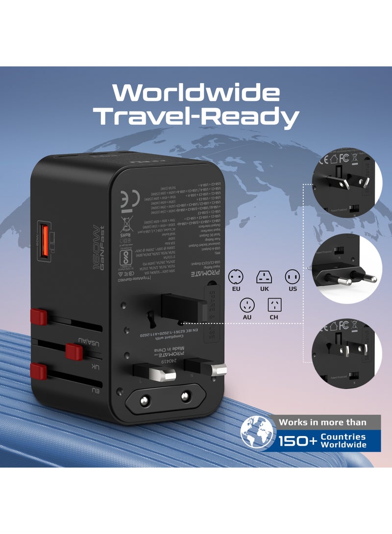 PROMATE Compact 160W Travel Adapter with 2500W Universal AC Socket, GaNFast™ Technology, Triple PD140 USB-C Ports, 60W USB-A Port, US/UK/EU/AU Plugs, 10A Fuse Rating and Multi-Protect Safety System, TripMate-GaN160 Black  - Image 5