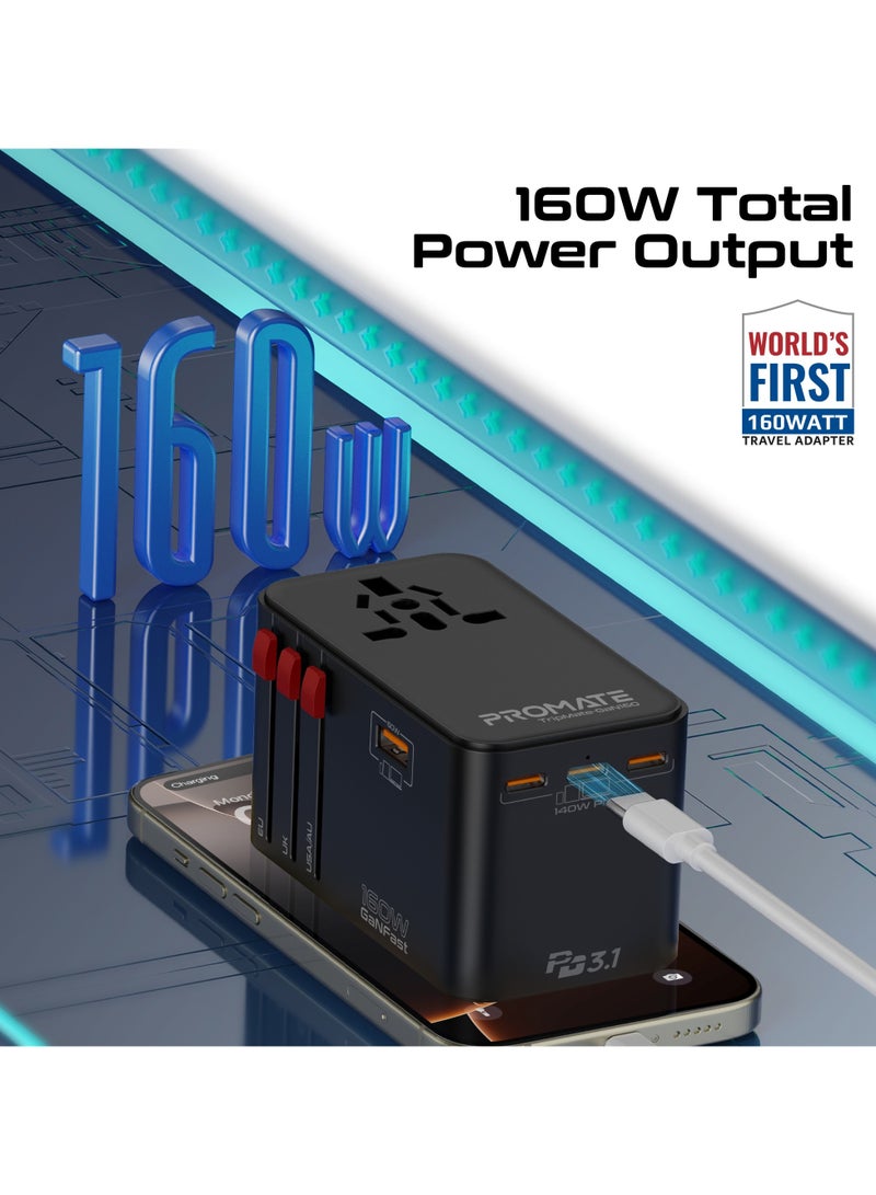 PROMATE Compact 160W Travel Adapter with 2500W Universal AC Socket, GaNFast™ Technology, Triple PD140 USB-C Ports, 60W USB-A Port, US/UK/EU/AU Plugs, 10A Fuse Rating and Multi-Protect Safety System, TripMate-GaN160 Black  - Image 2