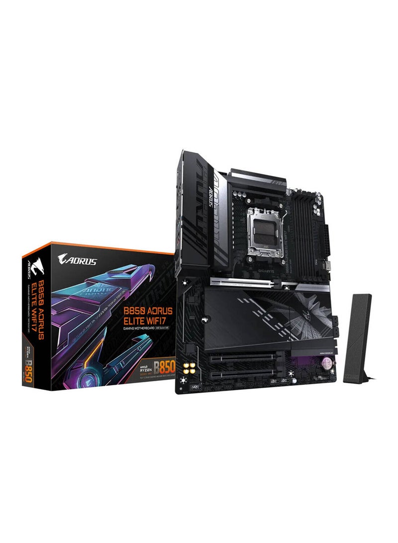 جيجابايت لوحة أم B850 AORUS ELITE Wi-Fi7 AM5 ATX، شريحة AMD B850، 4x فتحات DDR5 DIMM، ذاكرة قصوى تصل إلى 256GB، اتصال WiFi و BT، 1 x PCIe 5.0 x16، 3 x فتحات M.2 | B850-AORUS-ELITE-Wi-Fi7 - Image 1