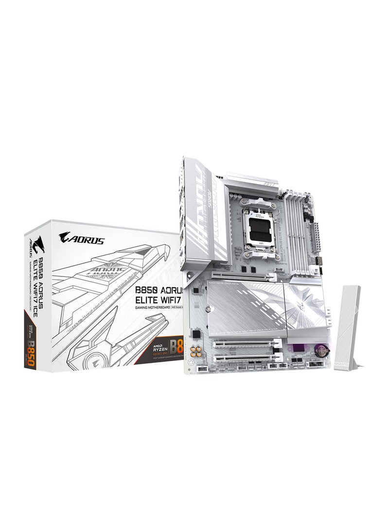 GIGABYTE B850 Aorus Elite Wi-Fi7 ICE AM5 ATX Motherboard, AMD B850 Chipset, 4x DDR5 DIMM Slots, Up to 256GB Max Memory, 1x PCIe 5.0 x16, 3x M.2 Slots, WiFi & BT, B850-AORUS-ELITE-Wi-Fi7-ICE White - Image 1