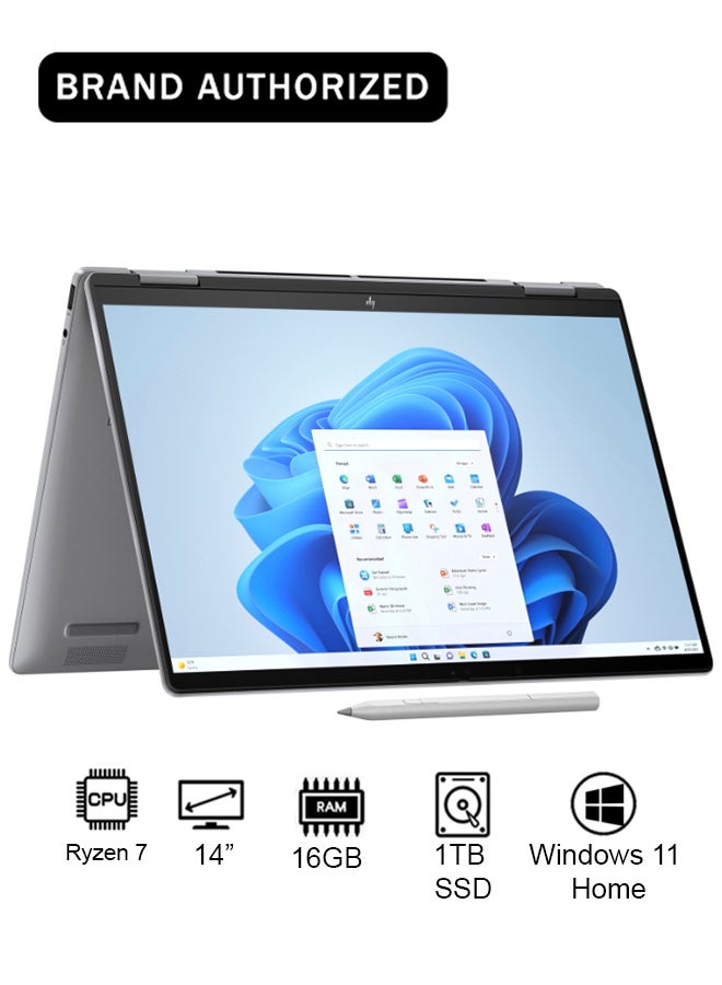 HP Envy x360 A0PV7EA Laptop With 14-Inch Display, AMD Ryzen 7 8840HS Processor/16GB RAM/1TB SSD/AMD Radeon Graphics/Windows 11 English/Arabic Meteor silver English/Arabic Meteor silver - Image 1