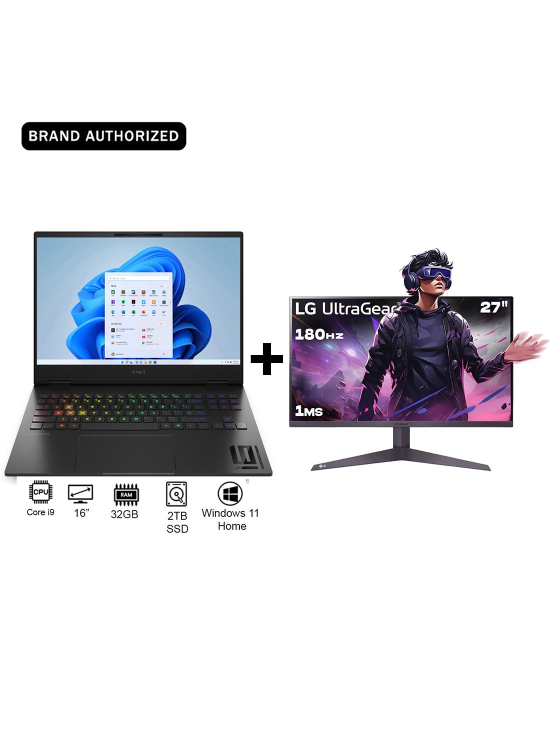 OMEN 9U2H5EA Laptop With 16-Inch Display, Core i9-14900HX Processor/32GB RAM/2TB SSD/8GB NVIDIA GeForce RTX 4070 Graphics/Windows 11 Home + Gaming Monitor English/Arabic Shadow black