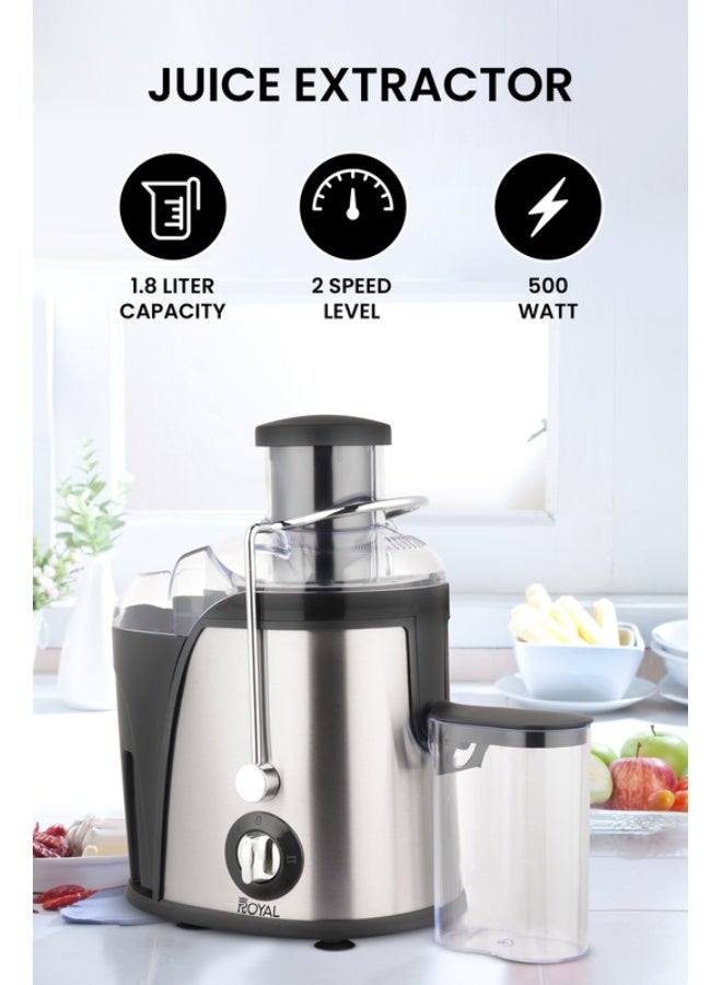 Royal Juice Extractor with 2 Speeds - 1.8L Large Container Whole Fruit Juice Extractor S.S Housing & Mesh Strainer Overheat Protection 1.8 L 500 W RA-SJ2211 Silver - Image 1