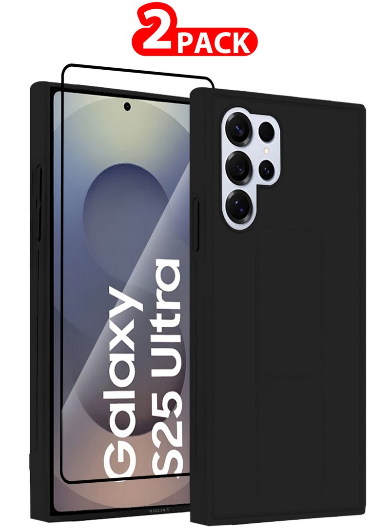 MARGOUN (for Samsung Galaxy S25 Ultra) 2Packs, Case Premium PU Leather with Stand Function, Shockproof and Anti Scratch Finger Grip Case Cover with 1 Shock Proof Screen Protector Black-1 - Image 1