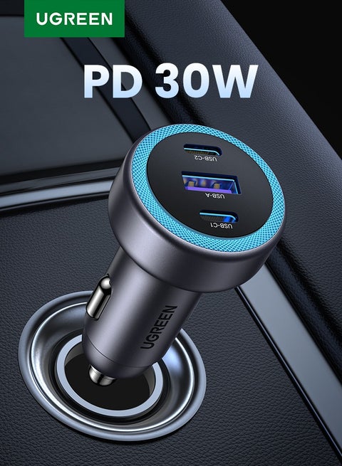 Car Charger 30W 2C1A Fast Car Adapter USB Type C Car Plug With Bule Led Indicator Compatible with iPhone 16 15 14 Pro Max Galaxy S25 24 23 Ultra Huawei Xiaomi Honor Oppo Vivo Apple Watch S10 Earbuds Grey
