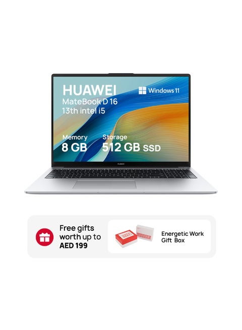 Matebook D16 Laptop With 16-Inch Eye Comfort FullView Display, Ultra Slim, Core i5-13420H Processor/8GB RAM/512GB SSD/Windows 11 Home + Gift Box English/Arabic Mystic Silver
