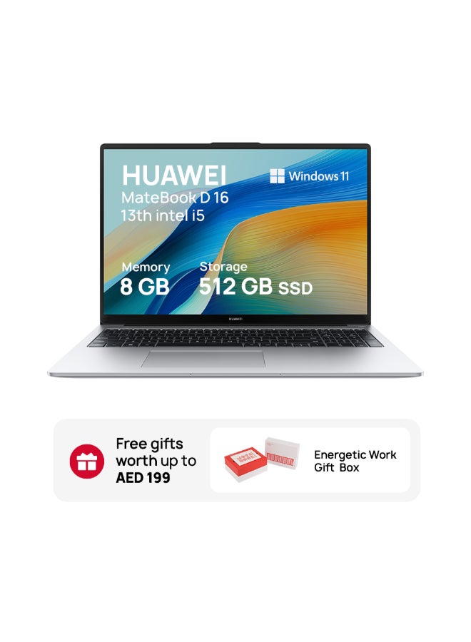 HUAWEI - Matebook D16 Laptop With 16-Inch Eye Comfort FullView Display, Ultra Slim, Core i5-13420H Processor/8GB RAM/512GB SSD/Windows 11 Home + Gift Box English/Arabic Mystic Silver - Image 1