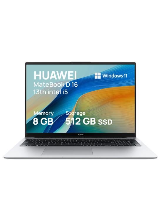 هواوي لابتوب ميت بوك D16 بشاشة تعمل باللمس مقاس 16 بوصة مع عرض كامل مريح للعين، نحيف للغاية، مع معالج كور i5-13420H/ذاكرة وصول عشوائي 8 جيجابايت/قرص صلب SSD سعة 512 جيجابايت/نظام ويندوز 11 هوم بالإنجليزية/العربية فضي غامض - Image 1
