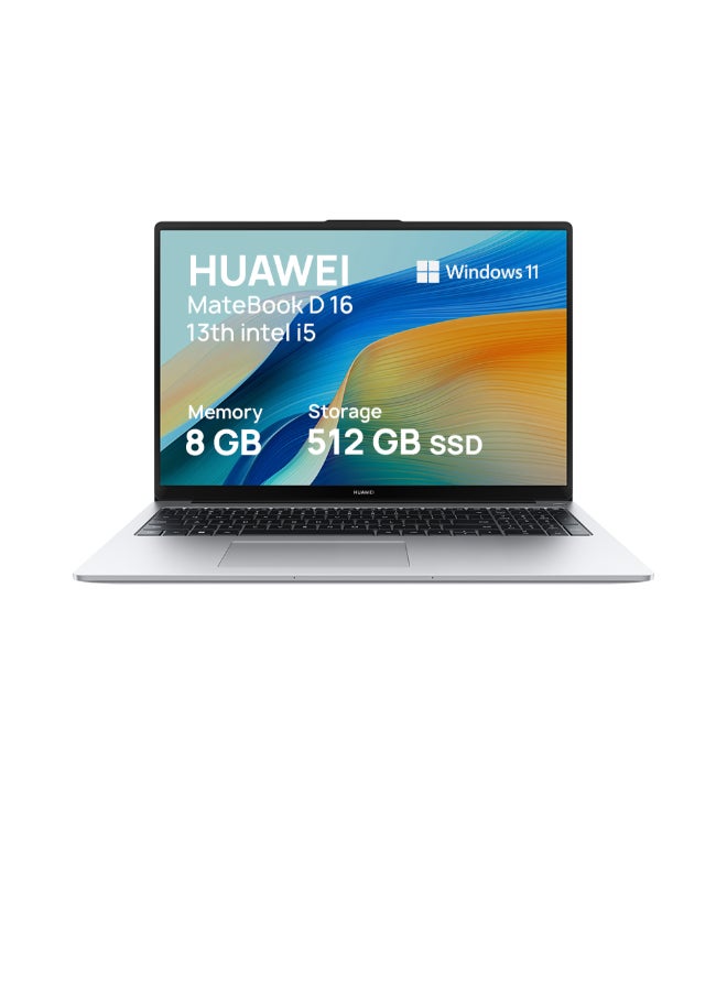 HUAWEI Matebook D16 Touchscreen Laptop With 16-Inch Eye Comfort FullView Display, Ultra Slim, Core i5-13420H Processor/8GB RAM/512GB SSD/Windows 11 Home English/Arabic Mystic Silver English/Arabic Mystic Silver - Image 1