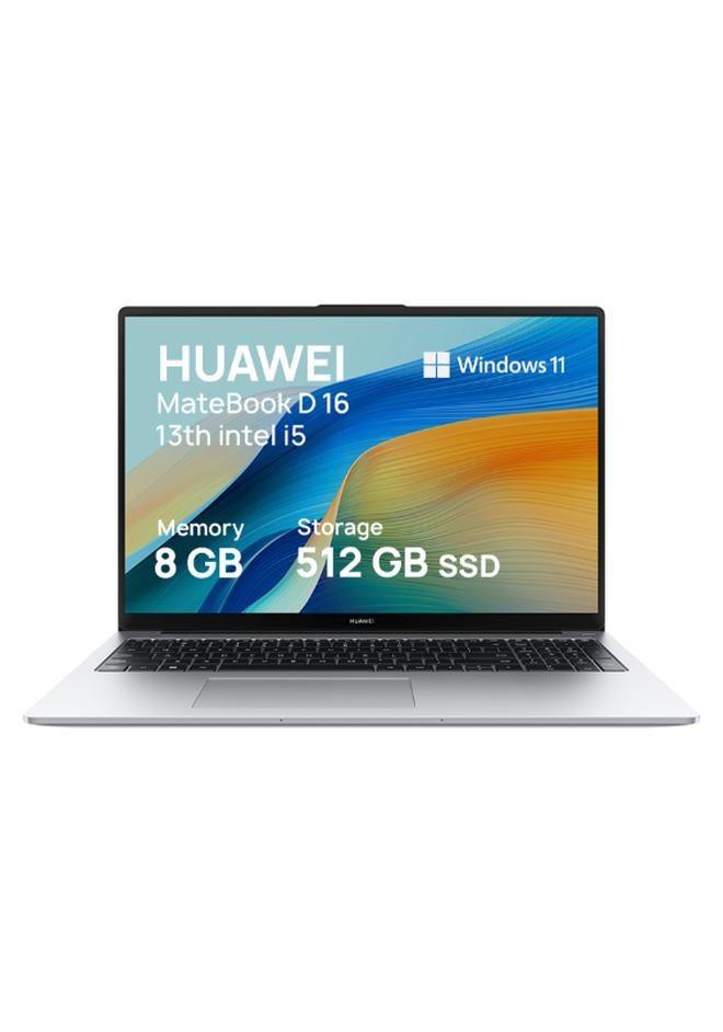 هواوي لابتوب ميت بوك D16 بشاشة تعمل باللمس مقاس 16 بوصة مع عرض كامل مريح للعين، نحيف للغاية، مع معالج كور i5-13420H/ذاكرة وصول عشوائي 8 جيجابايت/قرص صلب SSD سعة 512 جيجابايت/نظام ويندوز 11 هوم بالإنجليزية/العربية فضي غامض - Image 1