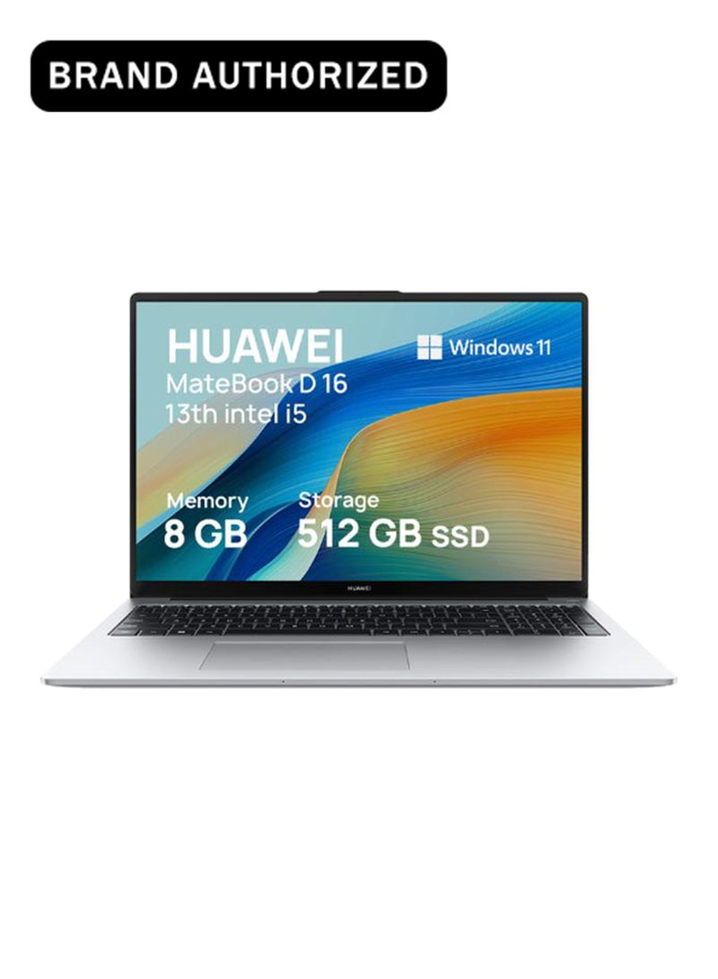 هواوي لابتوب ميت بوك D16 بشاشة تعمل باللمس مقاس 16 بوصة مع عرض كامل مريح للعين، نحيف للغاية، مع معالج كور i5-13420H/ذاكرة وصول عشوائي 8 جيجابايت/قرص صلب SSD سعة 512 جيجابايت/نظام ويندوز 11 هوم بالإنجليزية/العربية فضي غامض - Image 1