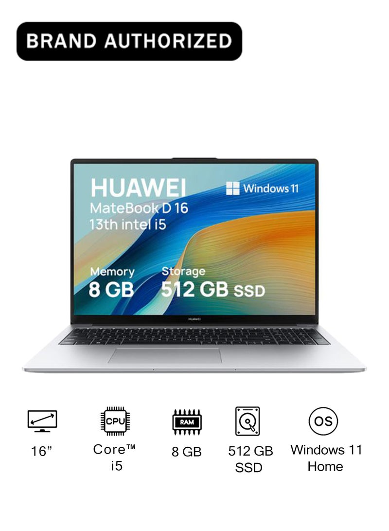 هواوي لابتوب ميت بوك D16 بشاشة تعمل باللمس مقاس 16 بوصة مع عرض كامل مريح للعين، نحيف للغاية، مع معالج كور i5-13420H/ذاكرة وصول عشوائي 8 جيجابايت/قرص صلب SSD سعة 512 جيجابايت/نظام ويندوز 11 هوم بالإنجليزية/العربية فضي غامض - Image 1
