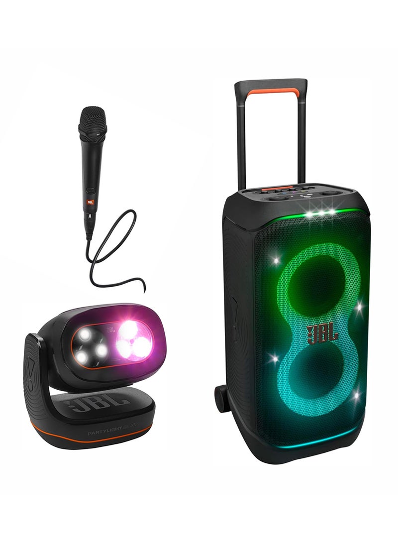 JBL PartyBox Stage 320 Wireless Party Speaker, +PARTYLIGHT BEAM Bluetooth projection party light + PBM100 Wired Dynamic Vocal Mic with Cable JBLPBCLUB320UK+JBLPLBEAMEU+JBLPBM100BLK Black  - Image 1