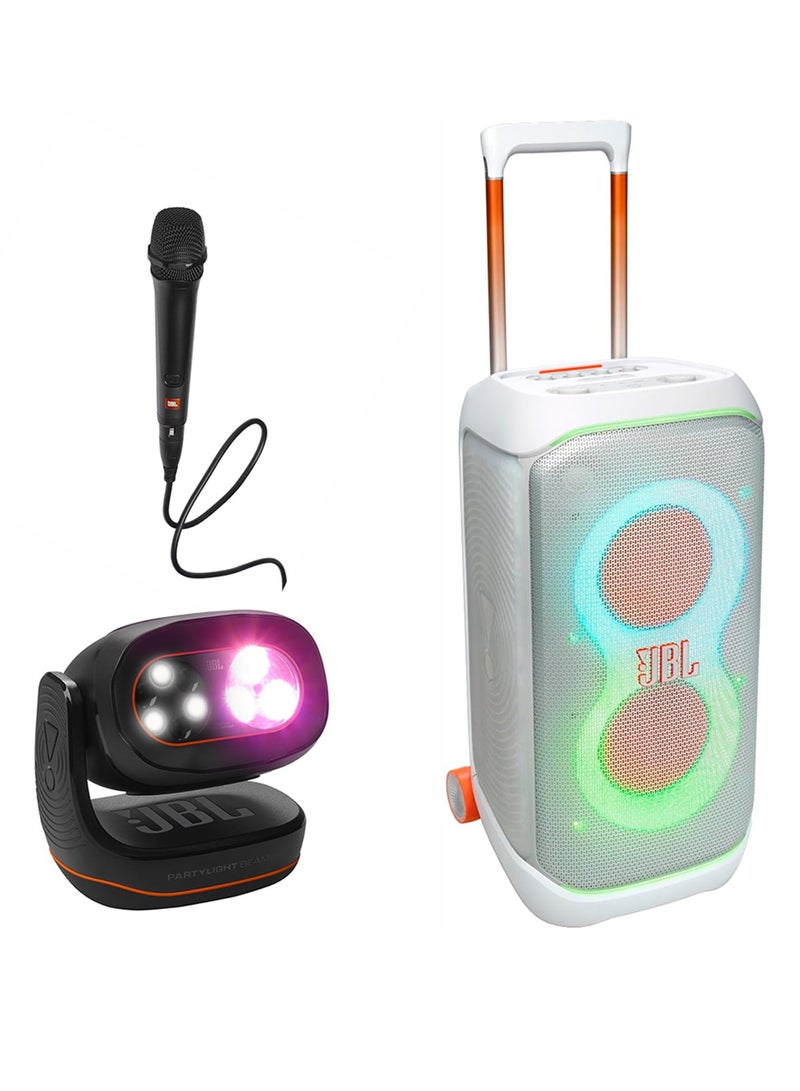 JBL PartyBox Stage 320 Wireless Party Speaker,+PARTYLIGHT BEAM Bluetooth projection party light + PBM100 Wired Dynamic Vocal Mic with Cable JBLPBSTAGE320SWUK+JBLPLBEAMEU+JBLPBM100BLK White  - Image 1