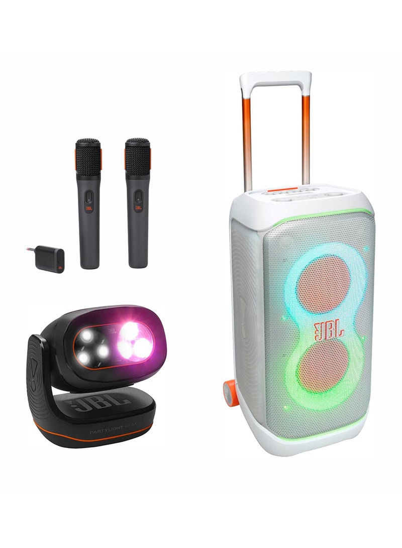 JBL PartyBox Stage 320 Wireless Party Speaker,+ Digital wireless microphones + PARTYLIGHT BEAM Bluetooth projection party light JBLPBSTAGE320SWUK+JBLPBWIRELESSMIC+JBLPLBEAMEU White  - Image 1