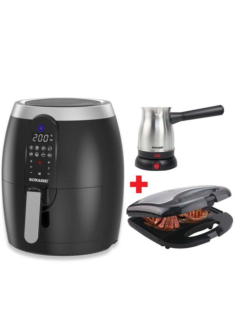 سوناشي - 3.5L Digital Air Fryer + 2 Slice Grill Maker + Turkish Coffee Maker | Air Fryer with 8 Auto-Cook Menu Functions, Griller with Non-Stick Plate and Cordless Base Coffee Maker | Bundle Offer SAF-350/SGT-853N/STCM-4972 1400 W SAF-350 + SGT-853N + STCM-4972 Black - Image 1