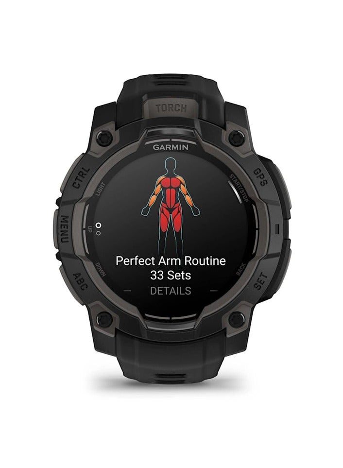 GARMIN - Instinct 3 - 45MM - Black with black band - Up to 18 Days of  Battery life  - 1.2" Amoled Display, Chemically strengthened glass, Heart Rate Monitor, All day stress monitor, Smart notification, Super bright LED flashlight, iOS and Android compatible Black - Image 1