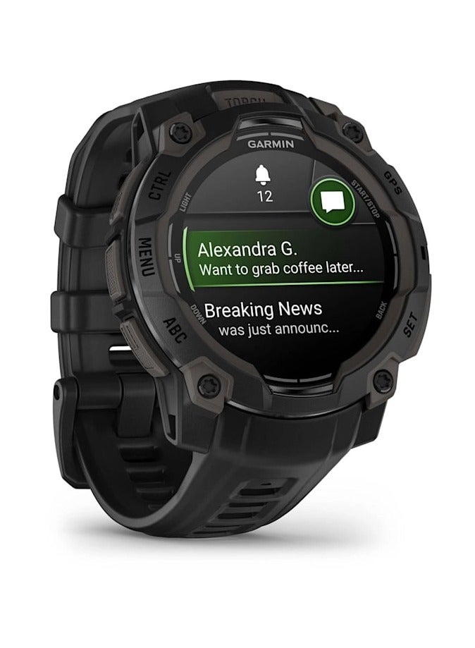 GARMIN - Instinct 3 - 45MM - Black with black band - Up to 18 Days of  Battery life  - 1.2" Amoled Display, Chemically strengthened glass, Heart Rate Monitor, All day stress monitor, Smart notification, Super bright LED flashlight, iOS and Android compatible Black - Image 1