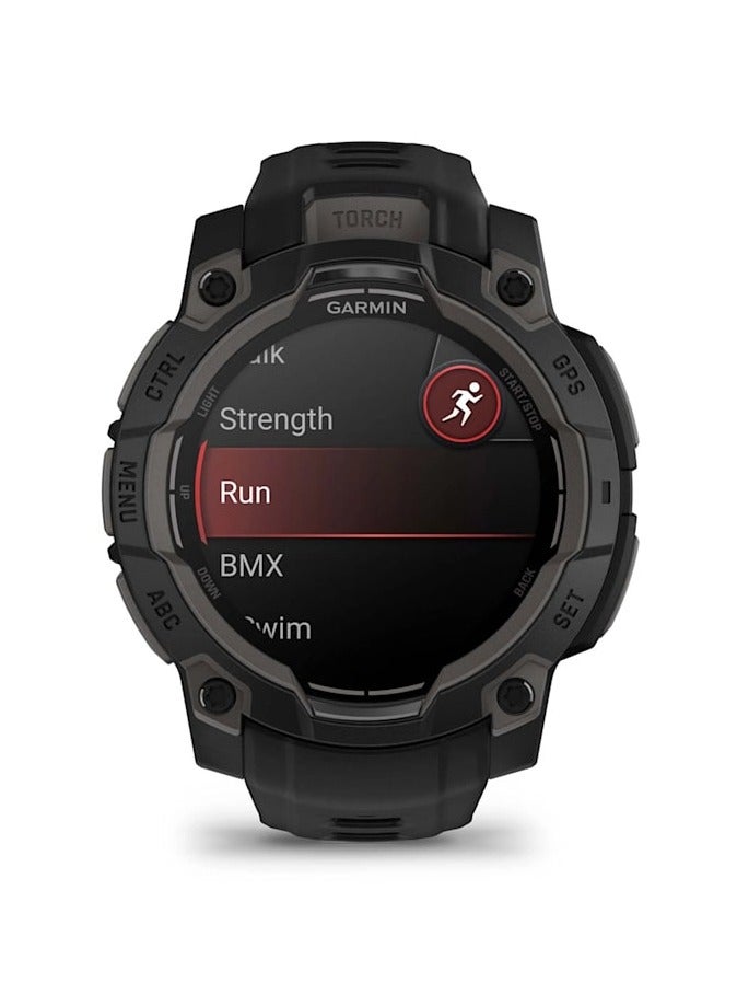 GARMIN - Instinct 3 - 45MM - Black with black band - Up to 18 Days of  Battery life  - 1.2" Amoled Display, Chemically strengthened glass, Heart Rate Monitor, All day stress monitor, Smart notification, Super bright LED flashlight, iOS and Android compatible Black - Image 1