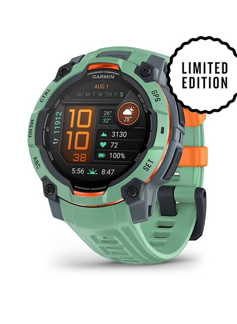 Instinct 3 Limited Edition - 45MM -  Neotropic with Neotropic Band - Up to 18 Days of  Battery life  - 1.2" Amoled  Display, Chemically strengthened glass, Heart Rate Monitor, All day stress monitor, Smart notification, Super bright LED flashlight, iOS and Android compatible Neo Tropic