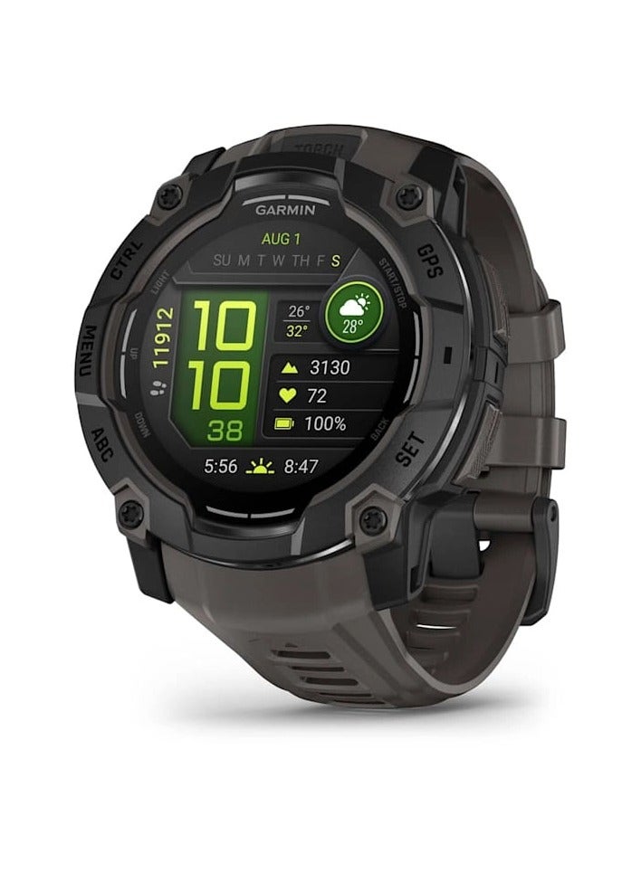 Instinct 3 - 50MM - Black with Charcoal Band - Up to 24 Days of  Battery life  - 1.3" Amoled Display, Chemically strengthened glass, Heart Rate Monitor, All day stress monitor, Smart notification, Super bright LED flashlight, iOS and Android compatible Black