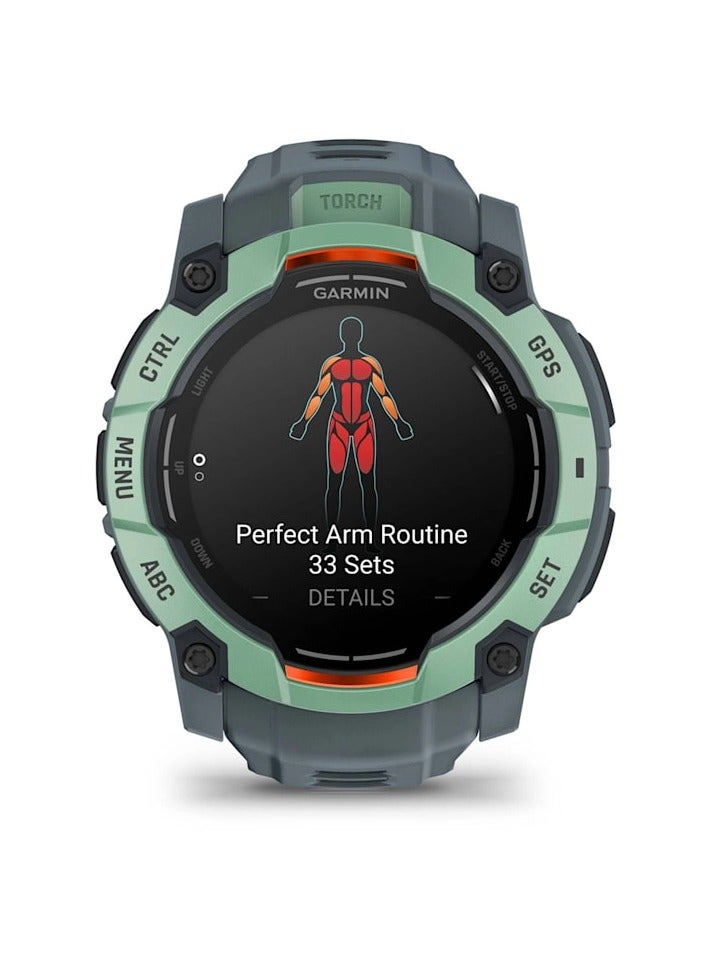 GARMIN Instinct 3 - 50MM - Neotropic with Twilight Band - Up to 24 Days of  Battery life  - 1.3" Amoled Display, Chemically strengthened glass, Heart Rate Monitor, All day stress monitor, Smart notification, Super bright LED flashlight, iOS and Android compatible Neo Tropic  - Image 4
