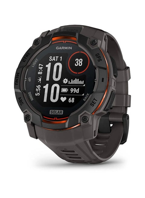 Instinct 3 Solar - 50MM - Black With Charcoal Silicone Band Black - Up to 40 Days of  Battery life in Solar Charging  - 1.1" Sunlight-visible, transflective memory-in-pixel (MIP), Power Glass, Heart Rate Monitor, All day stress monitor, Solar charging, Super bright LED flashlight, iOS and Android compatible Black