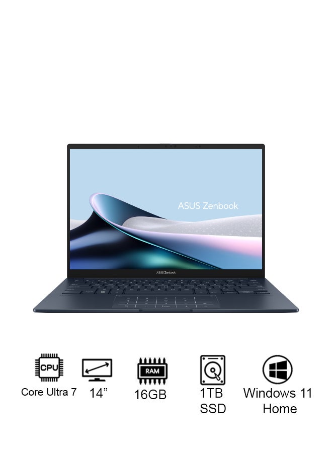 أسوس Zenbook 14 Laptop With 14-Inch Display, Core Ultra 7-255H Processor/16GB RAM/1TB SSD/Intel UHD Graphics/Windows 11 Home/ English/Arabic Ponder Blue - Image 1