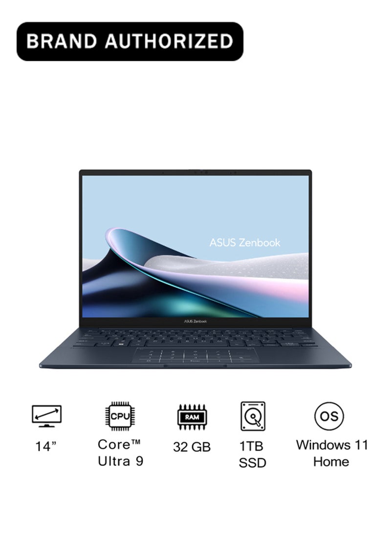 ASUS Zenbook 14 Laptop With 14-Inch 3K (2880x1800) Display, Core Ultra 9-285H Processor/32GB RAM DDR4/1TB SSD/Intel UHD 600 Graphics/Windows 11 Home English/Arabic Ponder Blue English/Arabic Ponder Blue - Image 1