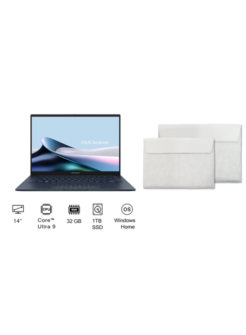 ASUS Zenbook 14 Laptop With 14-Inch 3K (2880x1800) Display, Core Ultra 9-285H Processor/32GB RAM DDR4/1TB SSD/Intel UHD 600 Graphics/Windows 11 Home+ Free Sleeve English/Arabic Ponder Blue - Image 1