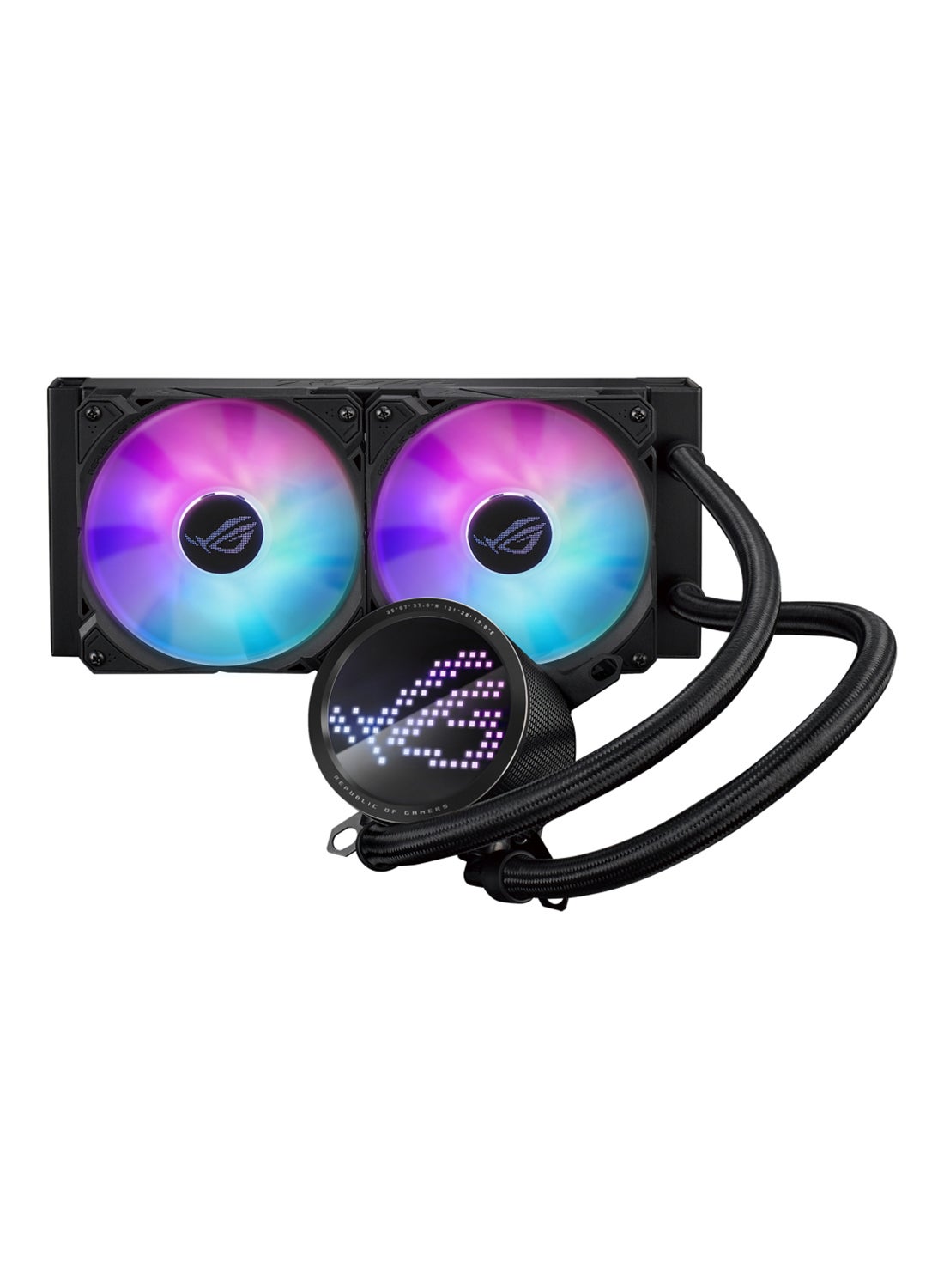 ROG Ryuo III 240 ARGB AIO Liquid CPU Cooler – 8th Gen Asetek Pump, Copper CPU Plate, 240mm Aluminum Radiator, Dual 120mm ROG ARGB Fans (2200 RPM, 70.07 CFM, 36.45 dB(A)), Anime Matrix LED Display, AURA Sync, PWM/DC Fan Control, AM5/AM4 & Intel LGA 1851/1700/1200/115x Compatibility | 90RC00J1-M0UAY0 Black
