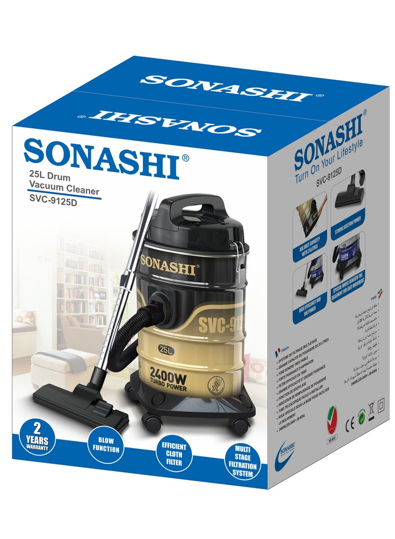 سوناشي - Drum Vacuum Cleaner with Dust Capacity | Strong Suction with Low Noise | Multi-Stage Filtration with Dust Full Indicator | Wheel Base for Easy Use | For Home & Offices 25 L 2000 W SVC-9125D Black & Gold - Image 1