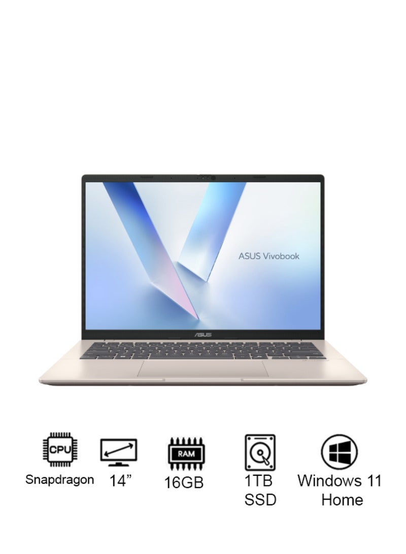 أسوس Vivobook 14 Laptop With 14-Inch Display, Snapdragon X X126100 Purwa SE Processor/16GB RAM/1TB SSD/Intel UHD Graphics/Windows 11 Home English/Arabic Platinum Gold - Image 1