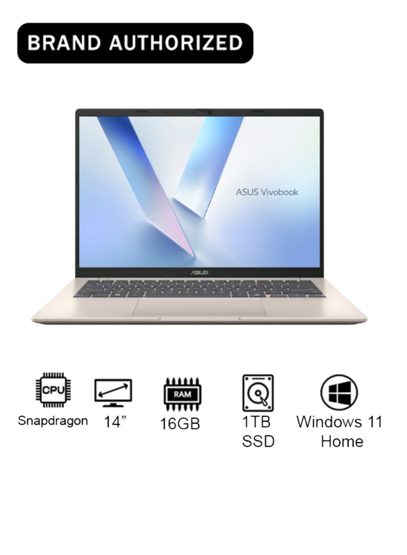 ASUS Vivobook 14 Laptop With 14-Inch Display, Snapdragon X X126100 Purwa SE Processor/16GB RAM/1TB SSD/Intel UHD Graphics/Windows 11 Home English/Arabic Platinum Gold - Image 1