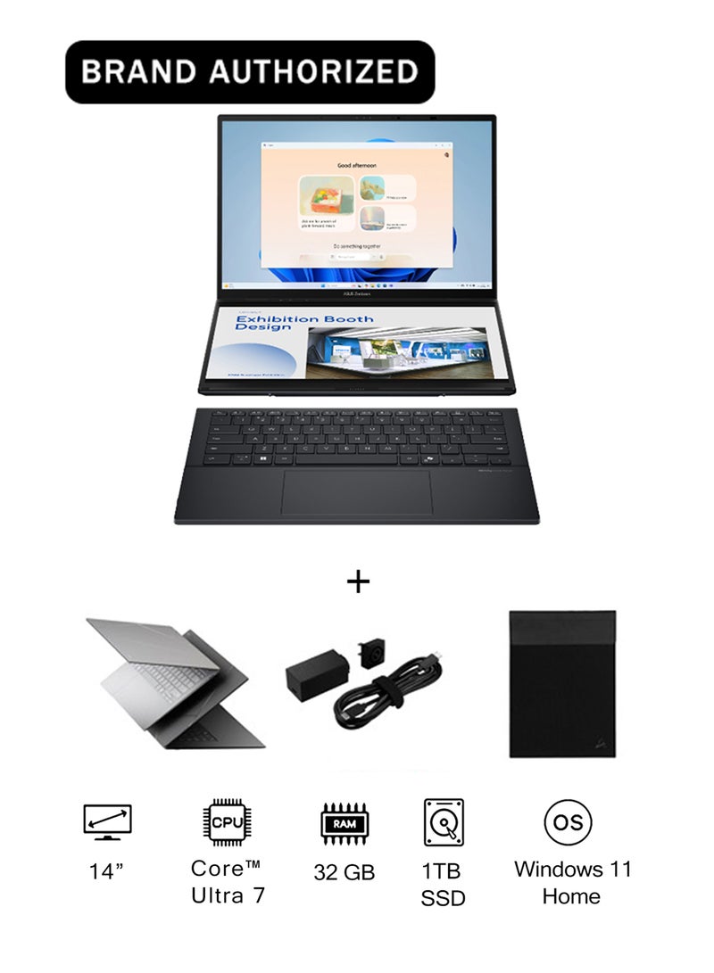 ASUS Zenbook Duo Laptop With 14-Inch Display, Core Ultra 7-255H Processor/32GB RAM/1TB SSD/Intel UHD Graphics/Windows 11 Home English/Arabic Inkwell Gray English/Arabic Inkwell Gray - Image 1