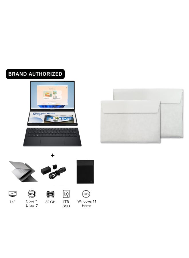 ASUS Zenbook Duo Laptop With 14-Inch Display, Core Ultra 7-255H Processor/32GB RAM/1TB SSD/Intel UHD Graphics/Windows 11 Home+ Free Sleeve English/Arabic Inkwell Gray - Image 1
