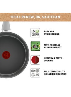 Tefal TEFAL Renew, On | Sautepan 24 cm | Ceramic Non-Stick Coating | 100% recycled aluminium body | Healthy Cooking | Thermo-Signal™ | Made in France | 2 Years Warranty | C4273232 Grey - Hippo Iron  - Image 3