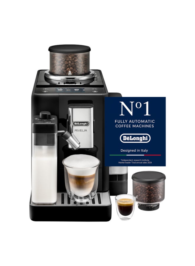 De'Longhi Rivelia Fully Automatic Coffee Machine With Lattecrema Hot, Automatic Milk Frother, Compact Size Bean To Cup Coffee Machine, 16 Recipes, Full Touch Colored Display 1.4 L 1450 W EXAM440.55.B Black - Image 1