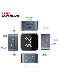 Honeywell New Launch 12-in-1 Type C Dock with 4K HDMI, MagSafe Wireless 15W, Ethernet Port, 4xUSB ports, 2xType C PD 100W, Mic & Audio Port, SD & MicroSD Slot, All Type C devices - Windows/MacBook Grey  - Image 2