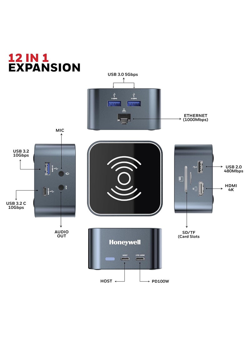 Honeywell 12In1 Type C Docking Station/ Usb Hub With 4K Hdmi Magsafe Wireless 15W Ethernet Port 4Xusb Ports 2Xtype C Pd 100W Mic And Audio Port Sd And Microsd Slot All Type C Devices Windows/Macbook Grey Grey  - Image 2