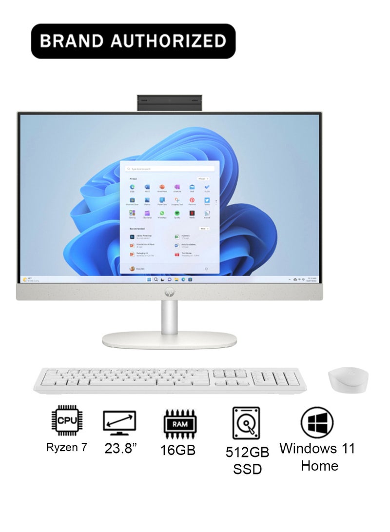 HP 24-cr0013ne 9E914EA All in One (AIO) With 23.8-Inch Display, AMD Ryzen 7 7730U Processor/16GB RAM/512GB SSD/AMD Radeon Graphics/Windows 11 Home English/Arabic Shell white - Image 1