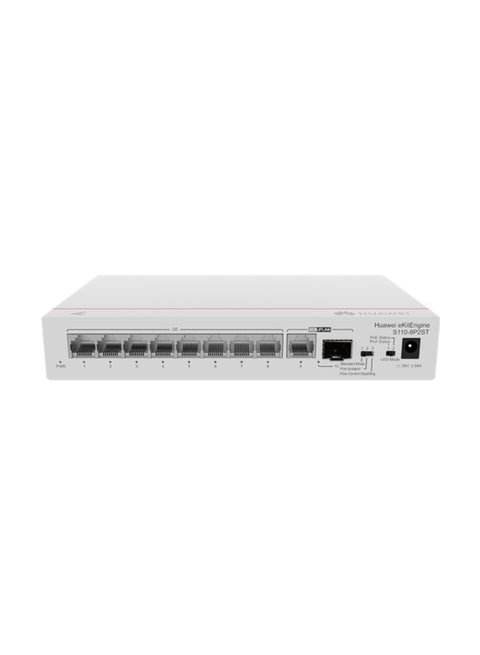S110-8P2ST 8-Port Gigabit Ethernet Switch with 1 GE SFP Port, 1 x 10/100/1000BASE-T, PoE+ Support (124W), 155W Maximum Power Consumption, 20 Gbps Switching Capacity, 14.88 Mpps Forwarding Rate, 0.8U Rackmount/WALL Mountable, 56V DC Power Adapter, Natural Heat Dissipation, EMC/Safety Certified, Operating Temp 0°C to 40°C (32°F to 104°F) White