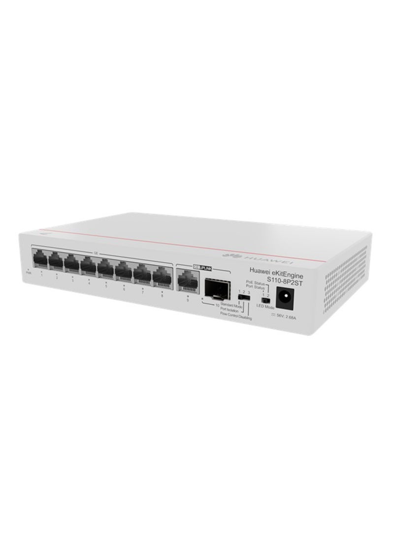 HUAWEI - S110-8P2ST 8-Port Gigabit Ethernet Switch with 1 GE SFP Port, 1 x 10/100/1000BASE-T, PoE+ Support (124W), 155W Maximum Power Consumption, 20 Gbps Switching Capacity, 14.88 Mpps Forwarding Rate, 0.8U Rackmount/WALL Mountable, 56V DC Power Adapter, Natural Heat Dissipation, EMC/Safety Certified, Operating Temp 0°C to 40°C (32°F to 104°F) White - Image 1