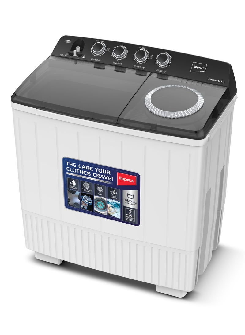 إمبكس 14Kg Twin Tub Semi-Automatic Washing Machine Appliance, Air Turbo Dry, Low Noise Energy Efficient Motor, IPX4 Moisture Protection, Collar Scrubber, 14 kg WM 4214 White&Black  - Image 1