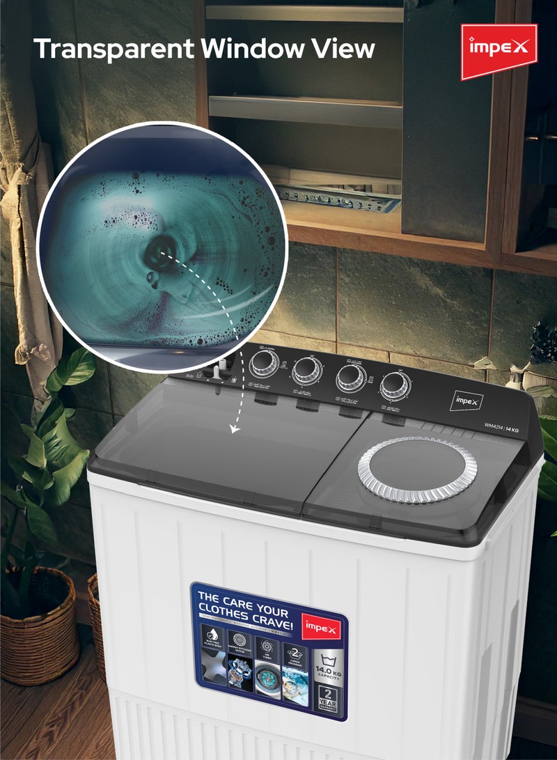 إمبكس 14Kg Twin Tub Semi-Automatic Washing Machine Appliance, Air Turbo Dry, Low Noise Energy Efficient Motor, IPX4 Moisture Protection, Collar Scrubber, 14 kg WM 4214 White&Black  - Image 3