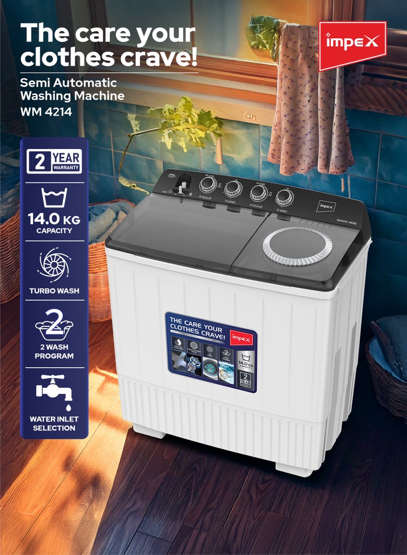 إمبكس 14Kg Twin Tub Semi-Automatic Washing Machine Appliance, Air Turbo Dry, Low Noise Energy Efficient Motor, IPX4 Moisture Protection, Collar Scrubber, 14 kg WM 4214 White&Black  - Image 2