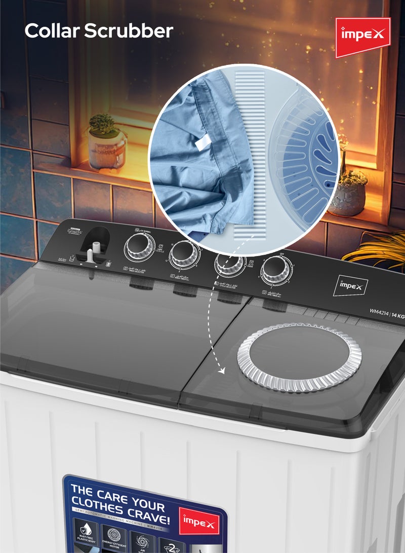 إمبكس 14Kg Twin Tub Semi-Automatic Washing Machine Appliance, Air Turbo Dry, Low Noise Energy Efficient Motor, IPX4 Moisture Protection, Collar Scrubber, 14 kg WM 4214 White&Black  - Image 5
