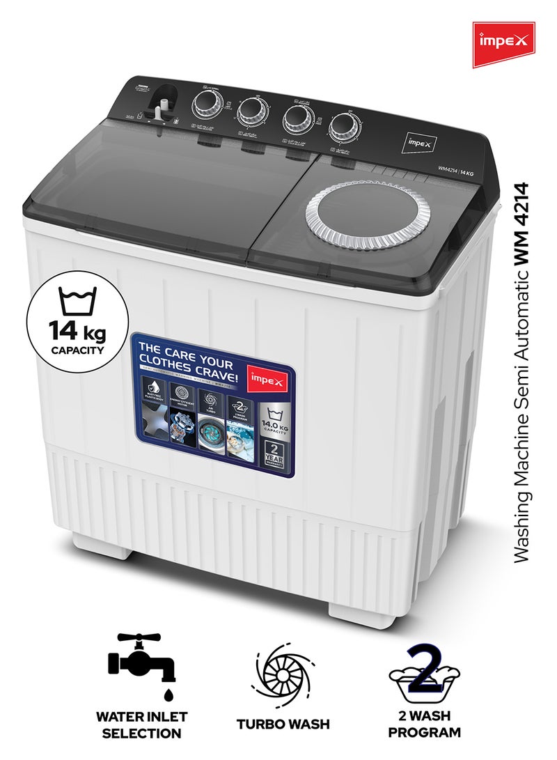 إمبكس غسالة ملابس شبه أوتوماتيكية بسعة 14 كجم، حوض مزدوج، تجفيف هوائي توربو، محرك موفر للطاقة منخفض الضوضاء، حماية من الرطوبة IPX4، فرشاة طوق - Image 1