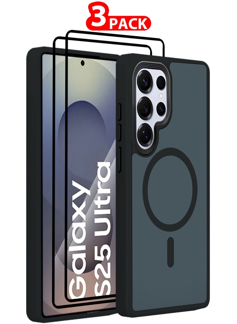 مارجون (for Samsung Galaxy S25 Ultra) 3Pakcs, Magnetic Slim Protective Case Wireless Charging Support with 2 Shock Proof 3D Screen Protectors Black - Image 1